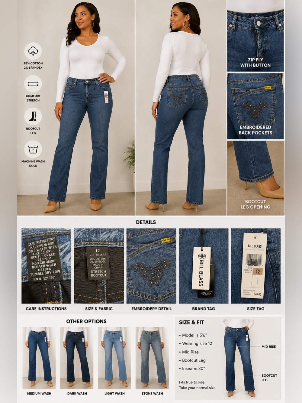 Wild Rose Women's Denim Jeans with Embroidered Butterfly Pocket and Yellow Tag
